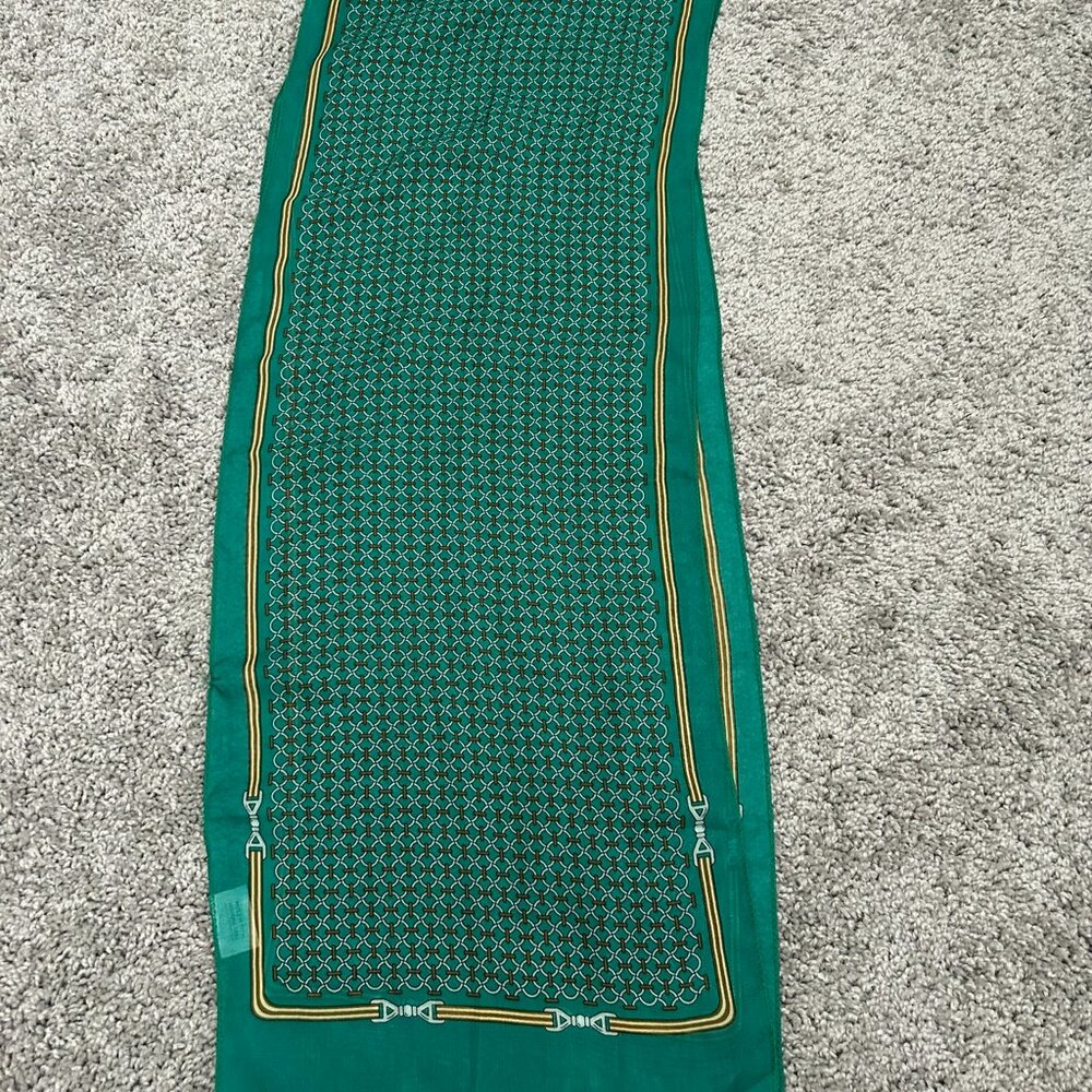 Vintage Leona Edmiston Long Green Equine Theme Scarf Sheer Chiffon 60x11